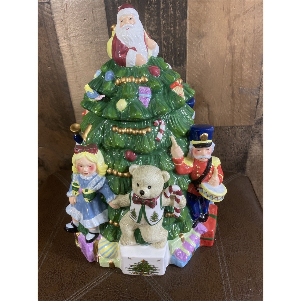 Spode Christmas Tree Cookie Jar Toys Around the Tree Santa Bear Lid 12" Box Vtg